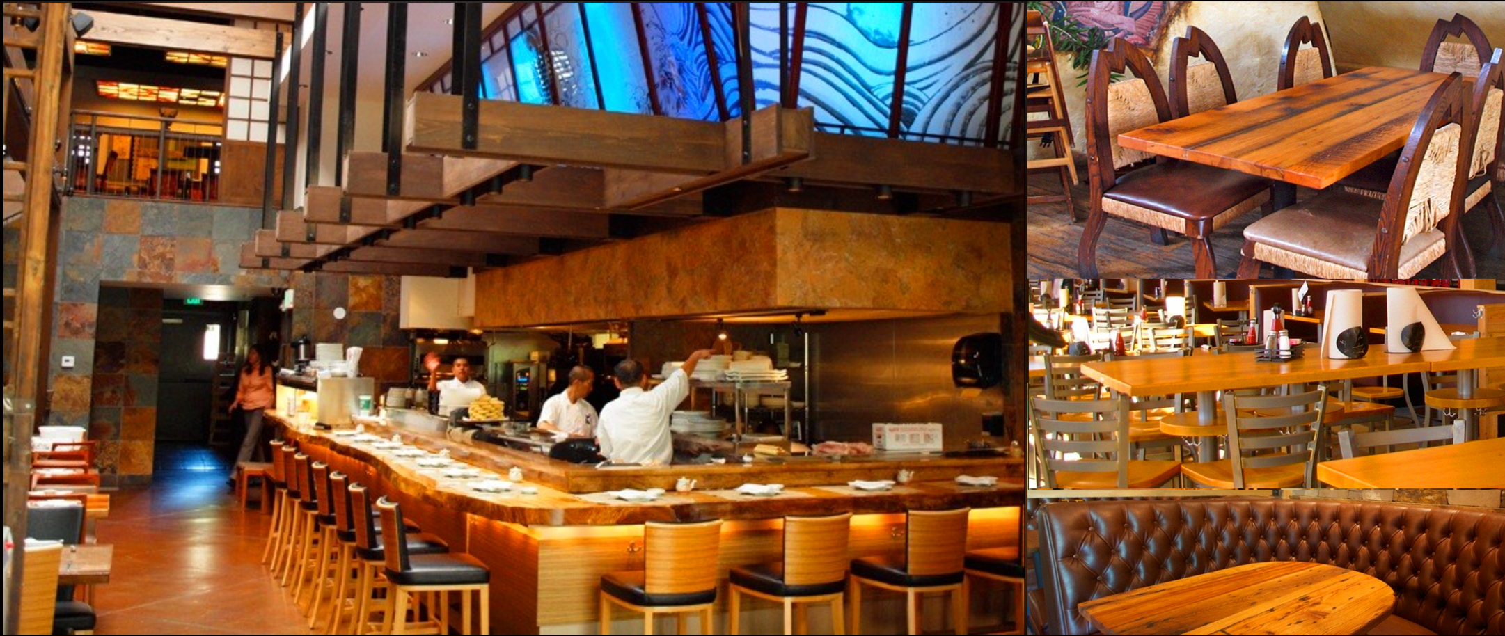 Restaurant bar seating, dining chairs and tables, and booth seating from The Chairman's existing website